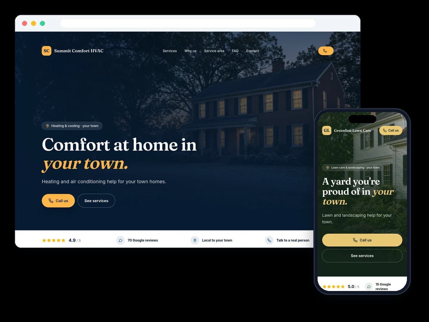 Sample websites we designed, shown on a laptop browser and a phone: an HVAC company homepage and a lawn care company homepage