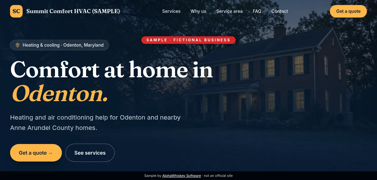 HVAC company sample website screenshot