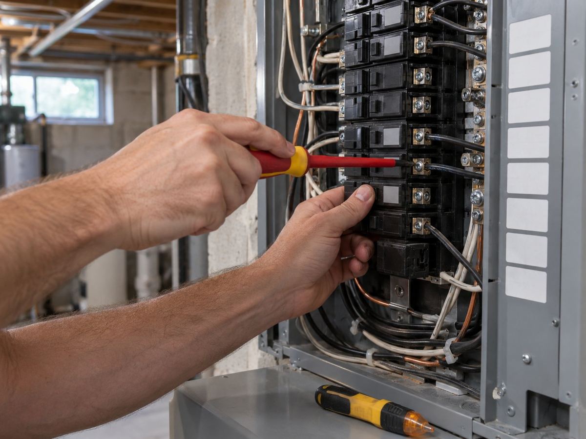 AI-generated illustration: Electrician working on breakers in a residential electrical panel