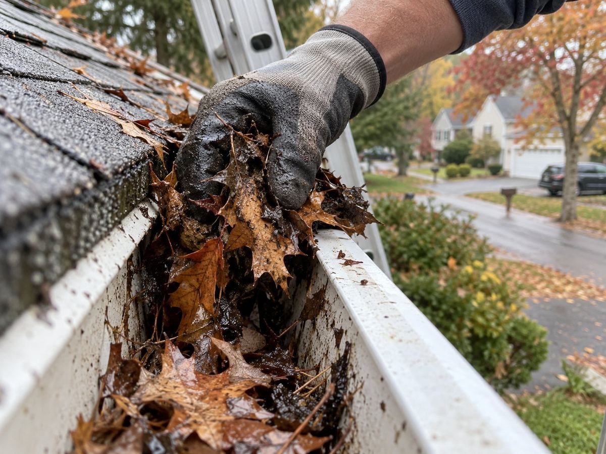 AI-generated illustration: Gloved hand clearing autumn leaves out of a gutter