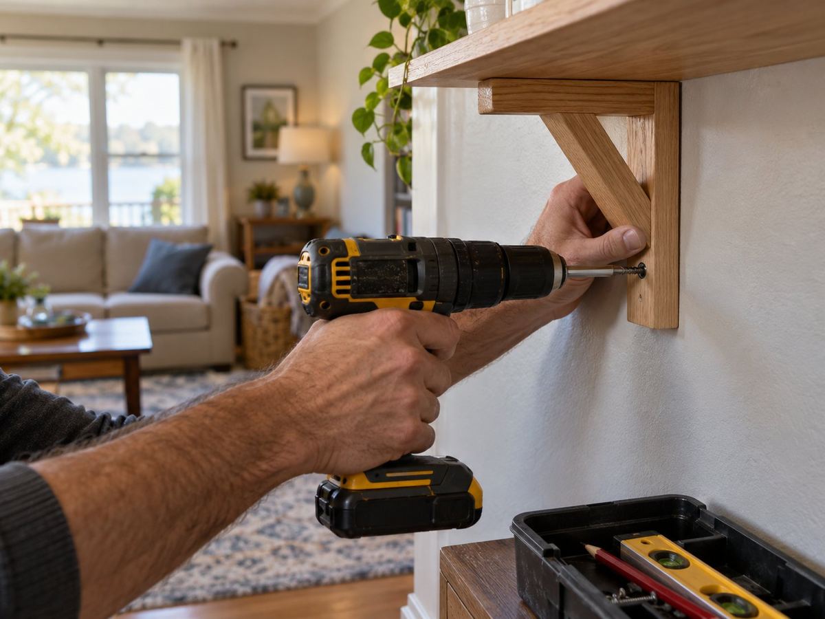 AI-generated illustration: Handyman mounting a shelf bracket with a cordless drill