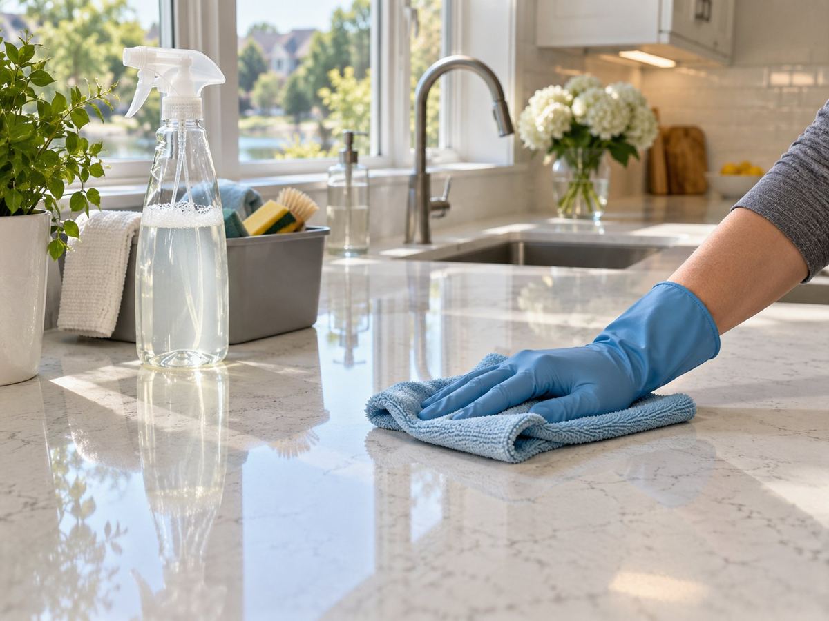 AI-generated illustration: Gloved hand wiping a spotless kitchen countertop