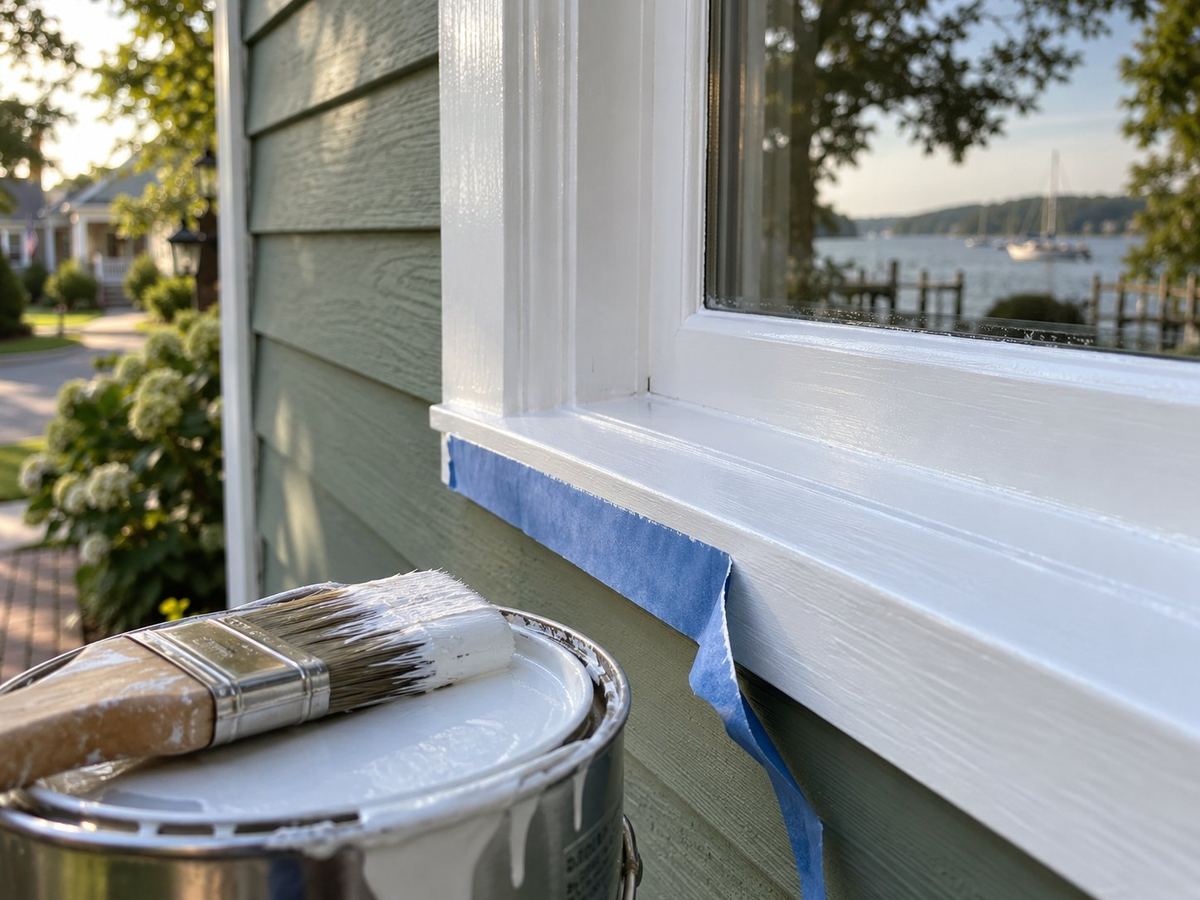 AI-generated illustration: Freshly painted white window trim on a green clapboard house