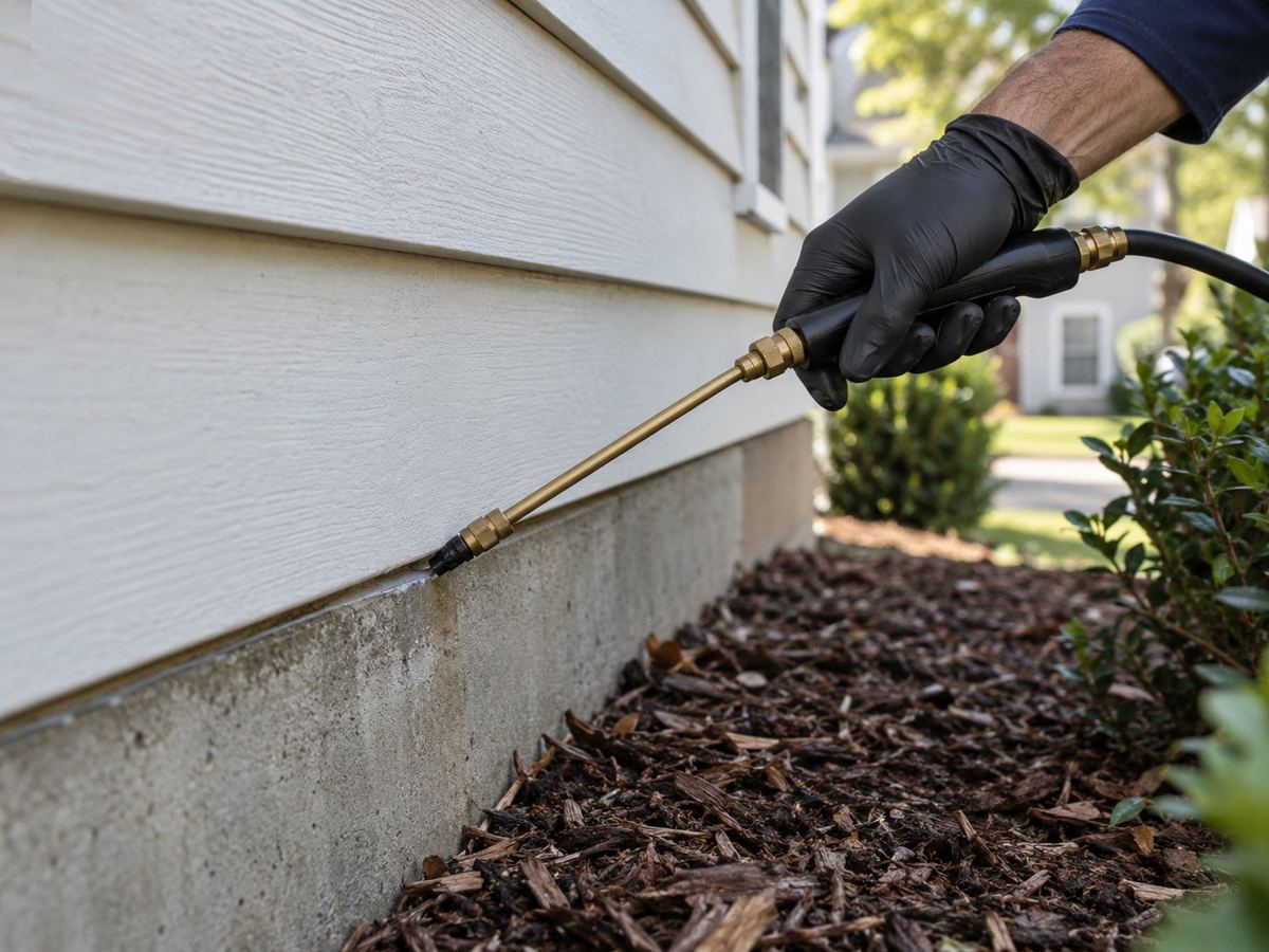 AI-generated illustration: Technician treating along a house foundation
