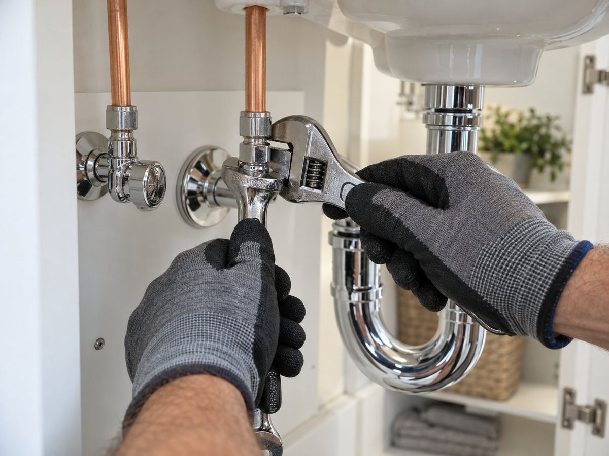 AI-generated illustration: Plumber tightening a new fitting on copper supply lines under a bathroom vanity