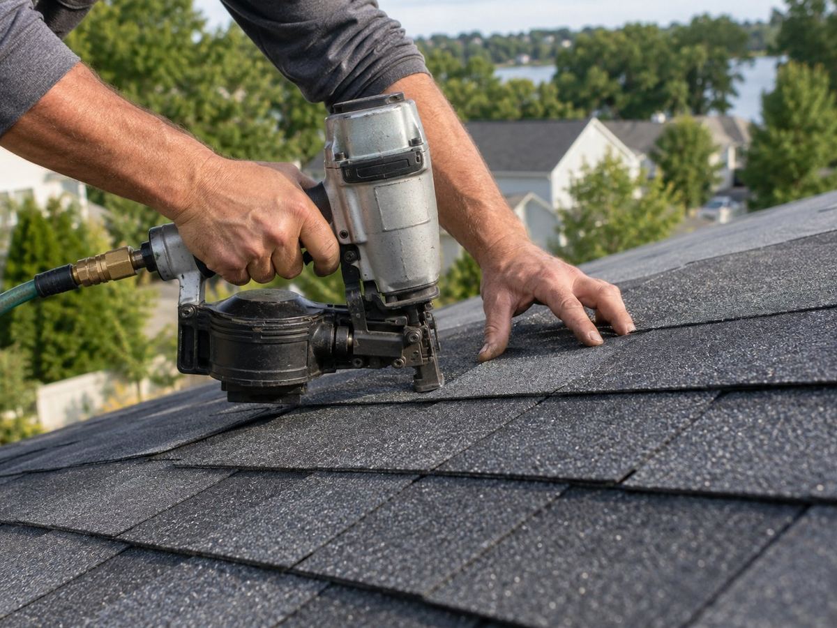 AI-generated illustration: Roofer nailing new asphalt shingles on a house roof